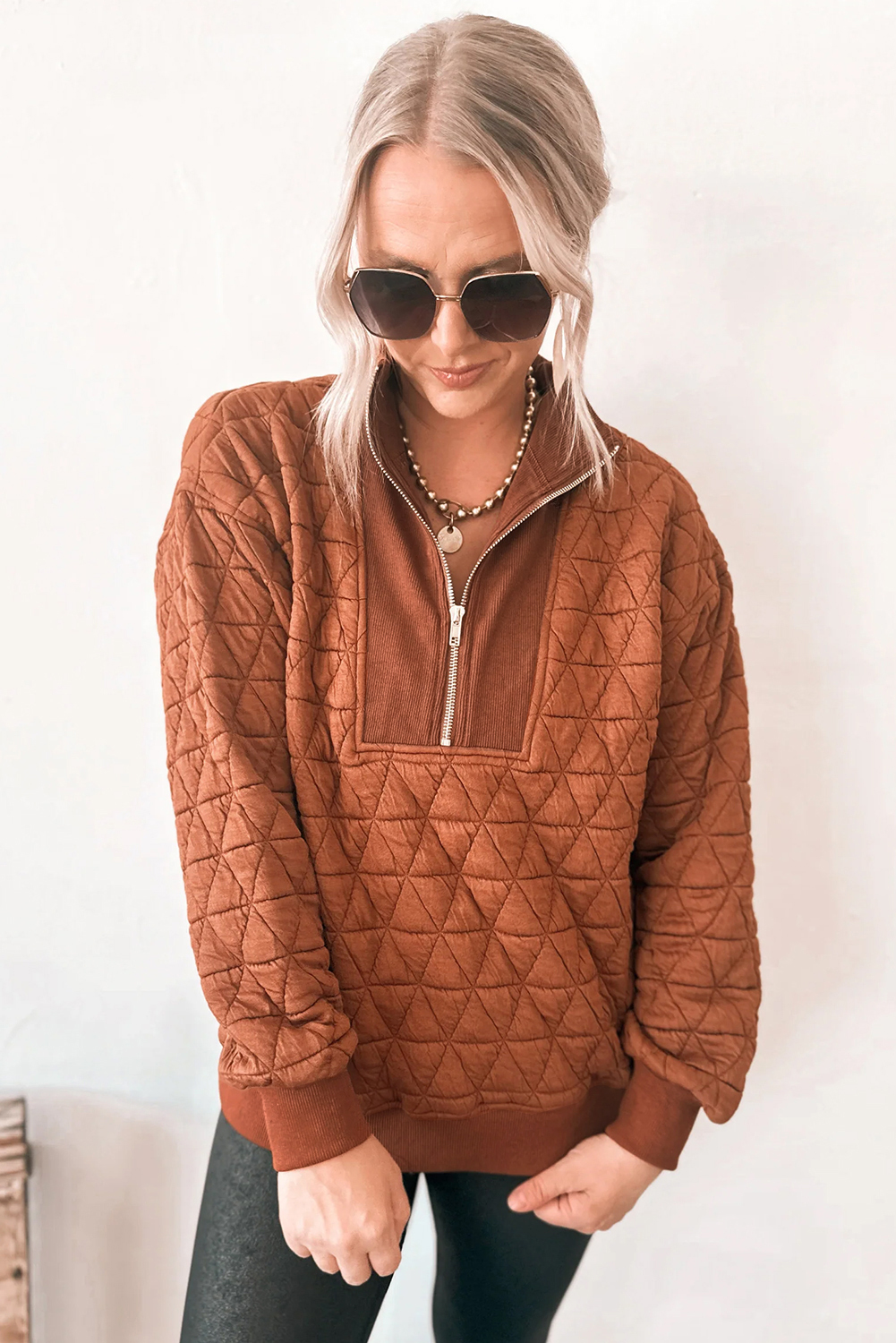 Straw Yellow Geometric Quilted Half Zipped Loose Sweatshirt - Image 2