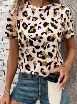 Apricot Leopard Print Round Neck Casual T Shirt