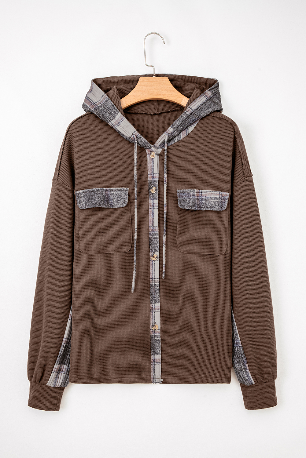 Brown Plaid Patchwork Button Down Drawstring Hooded Shacket - Image 4