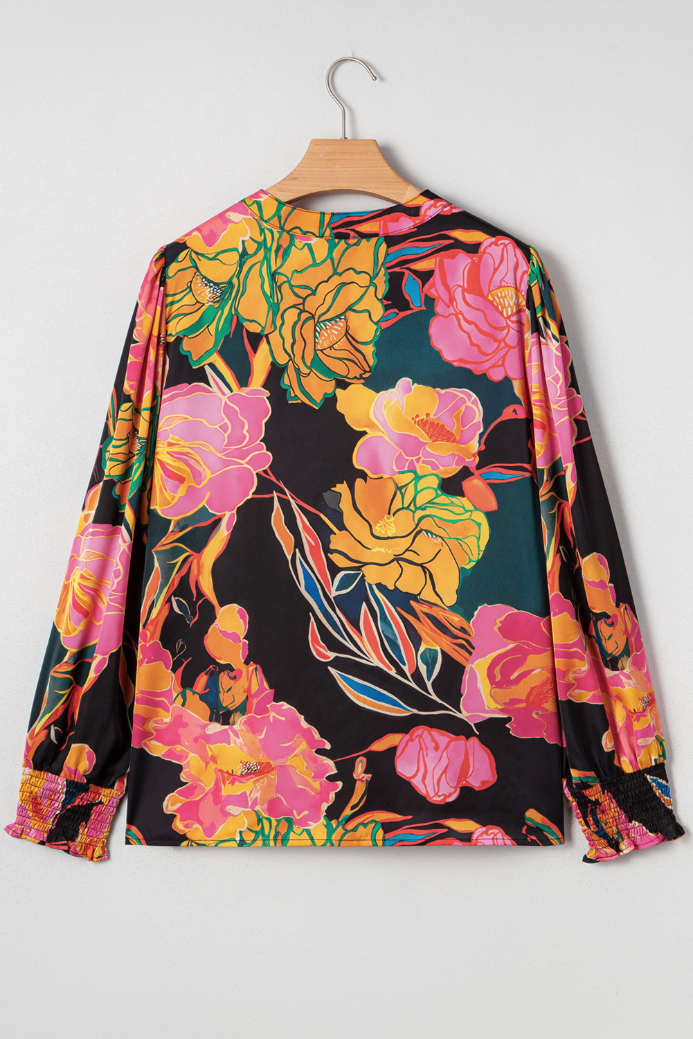 Black Floral Print Smocked Cuffs Puff Sleeve V Neck Blouse - Image 3