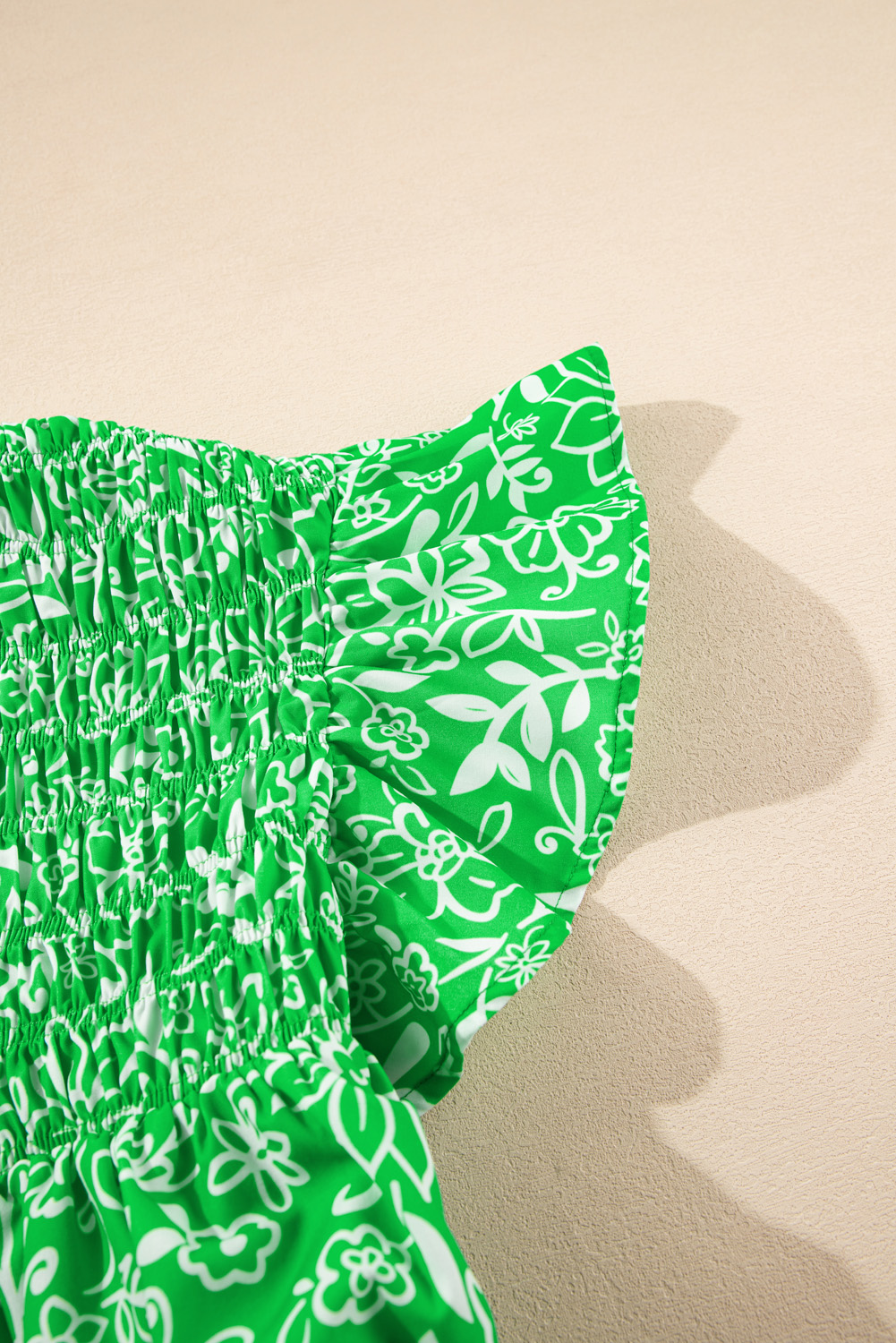 Green Floral Flutter Sleeve Shirred Notched Neck Plus Size Blouse - Image 8