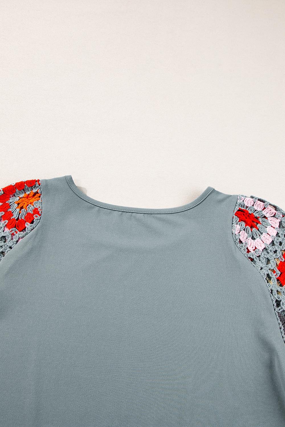 Medium Grey Floral Crochet Short Sleeve Top - Image 7
