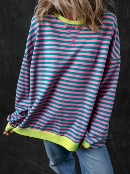Green Stripe Oversized Contrast Trim Pullover Sweatshirt