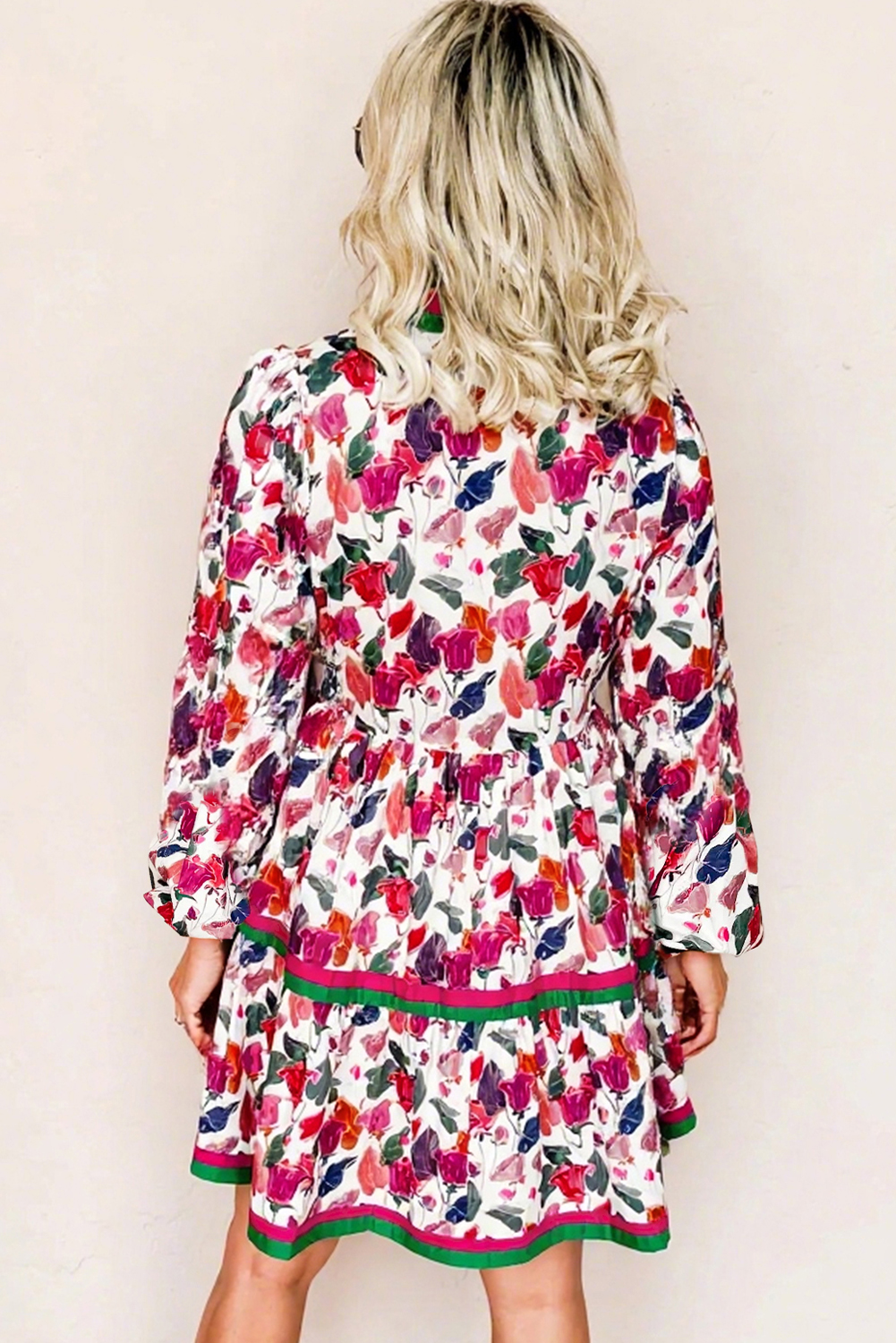 Purple Floral Print Contrast Striped Detail Long Sleeve Mini Dress - Image 3