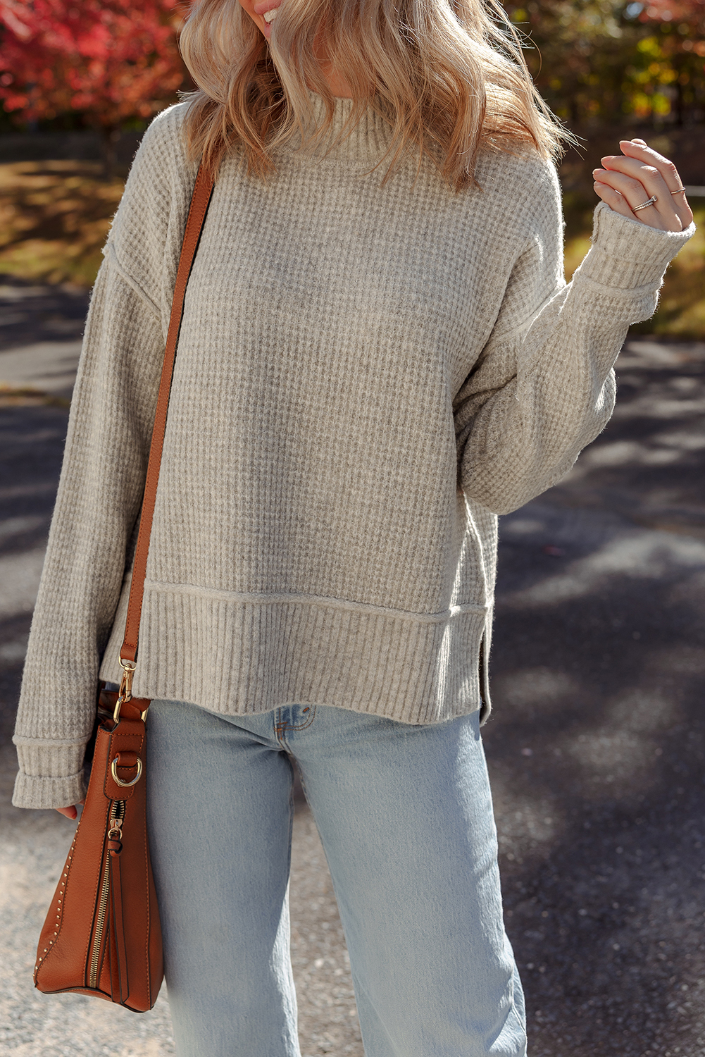 Gray Morn Waffle Texture Knit Ribbed High Neck Drop Shoulder Sweater - Image 8