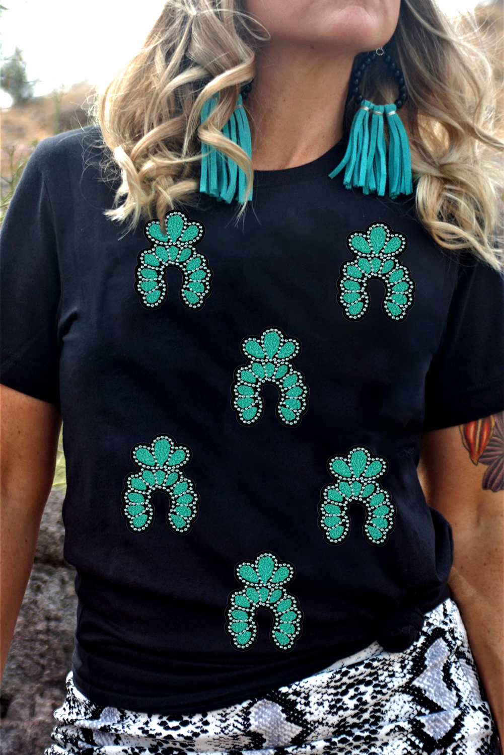 Black Western Turquoise Pattern Sequin Patched T Shirt - Image 6