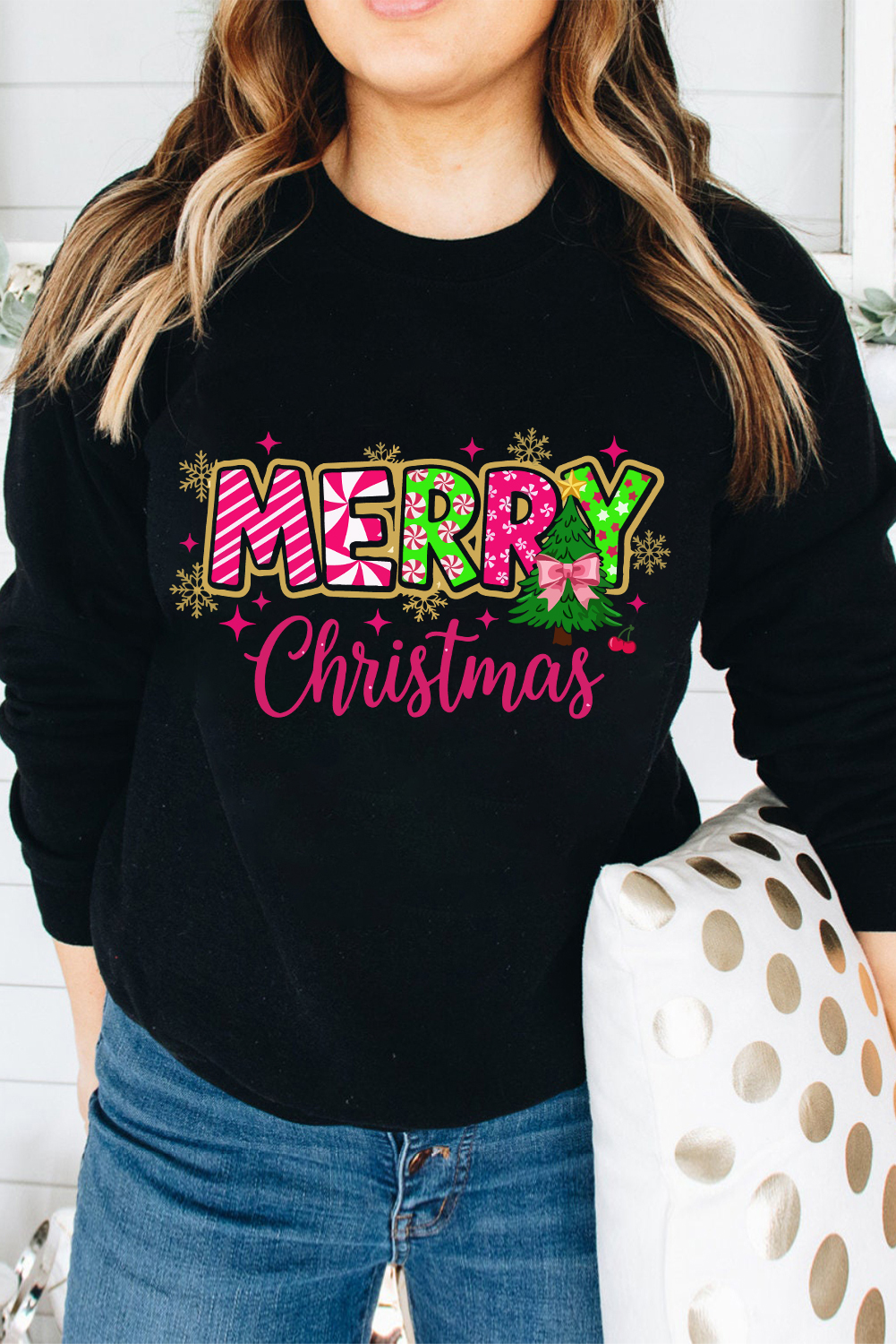 Black MERRY Christmas Playful Letter Print Drop Shoulder Sweatshirt - Image 3