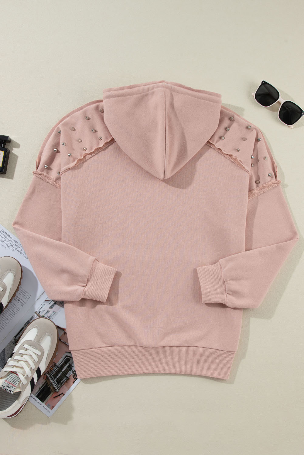 Fushia Solid Color Rivet Stud Raglan Sleeve Hoodie with Pocket - Image 8