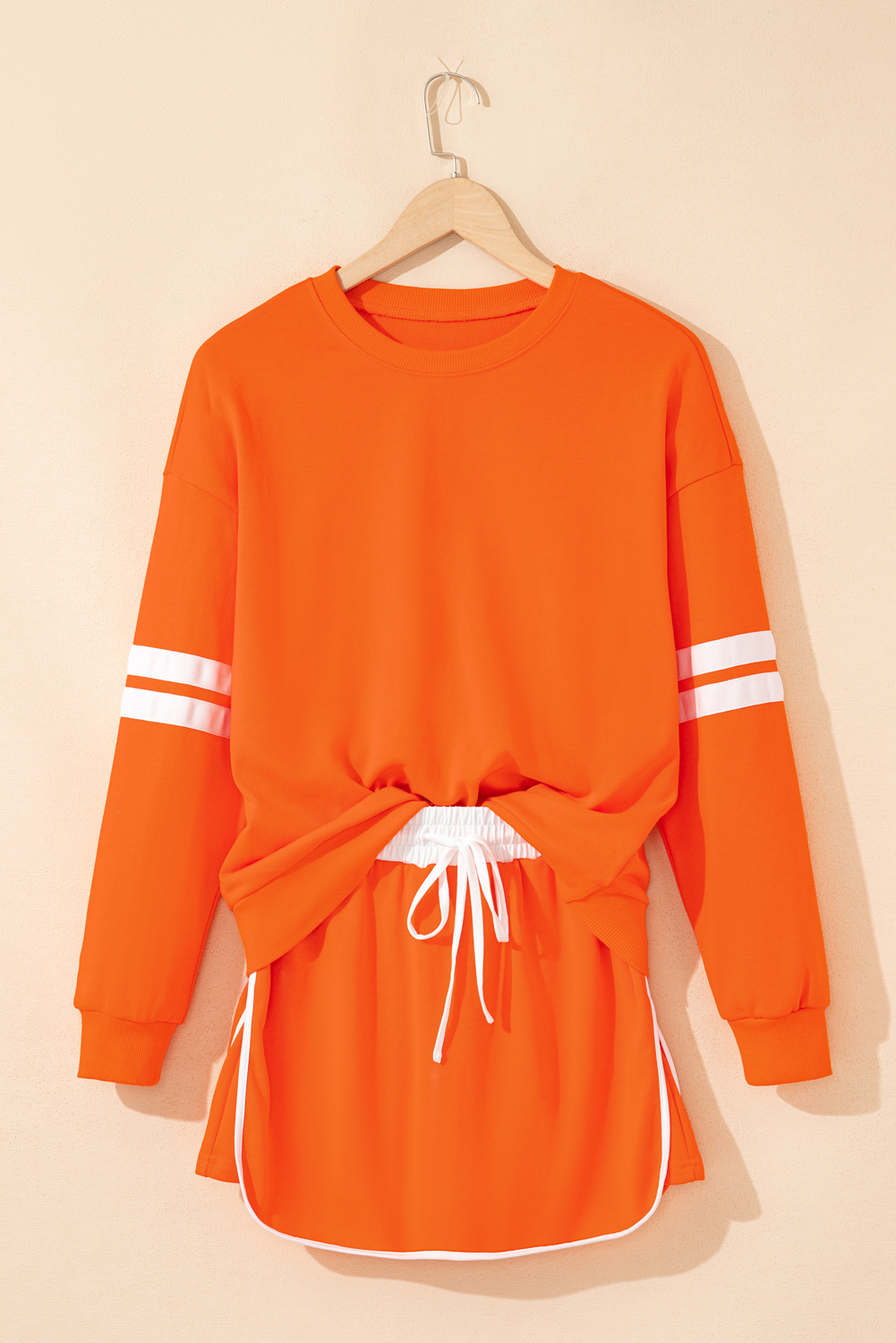 Orange Varsity Stripe Detail Drop Shoulder Pullover Mini Skirt Set - Image 7