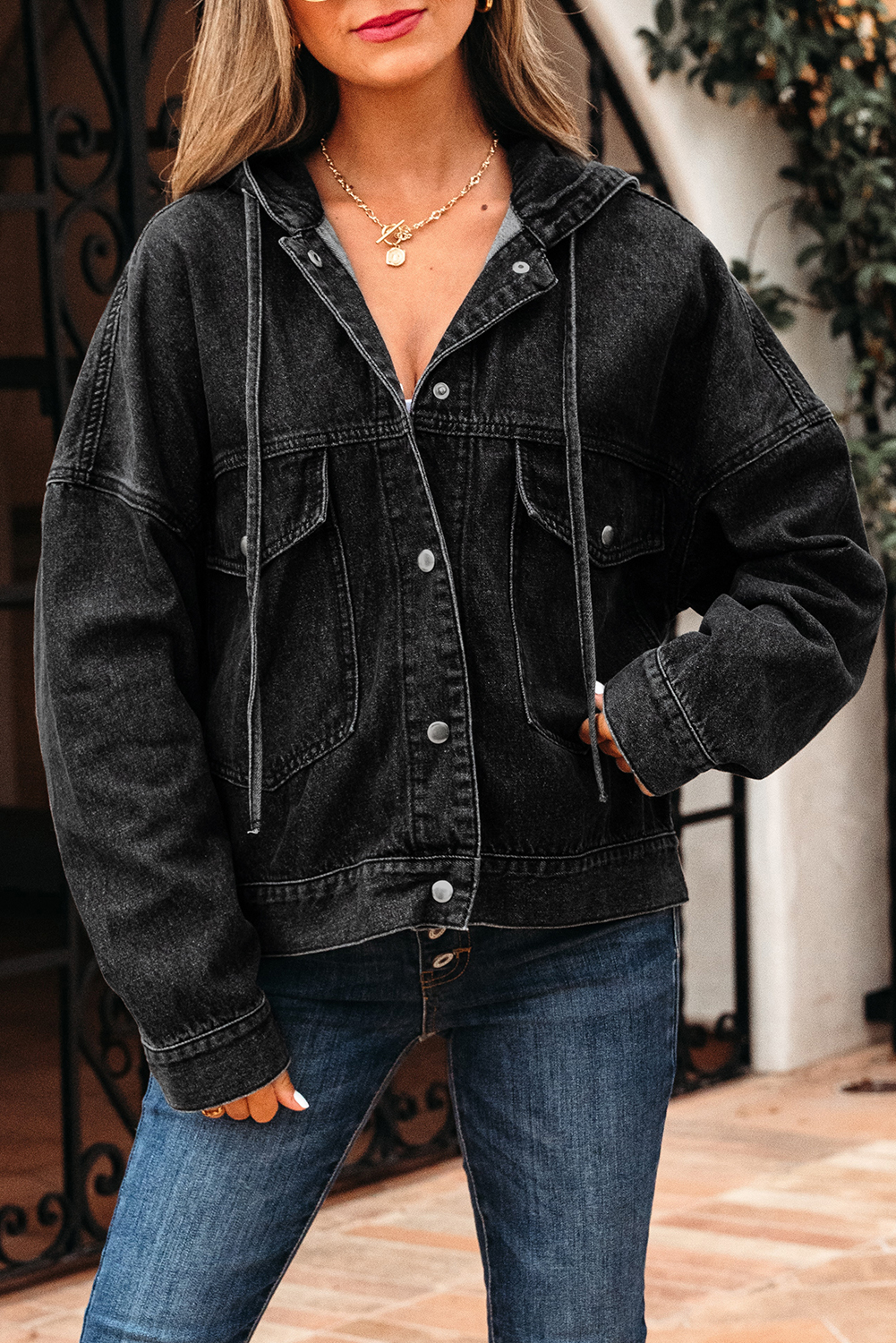 Black Big Chest Pocket Drop Shoulder Hooded Denim Jacket - Image 6