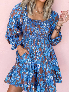 Blue Smocked Bodice High Waist Ruffled Sleeve Floral Dress