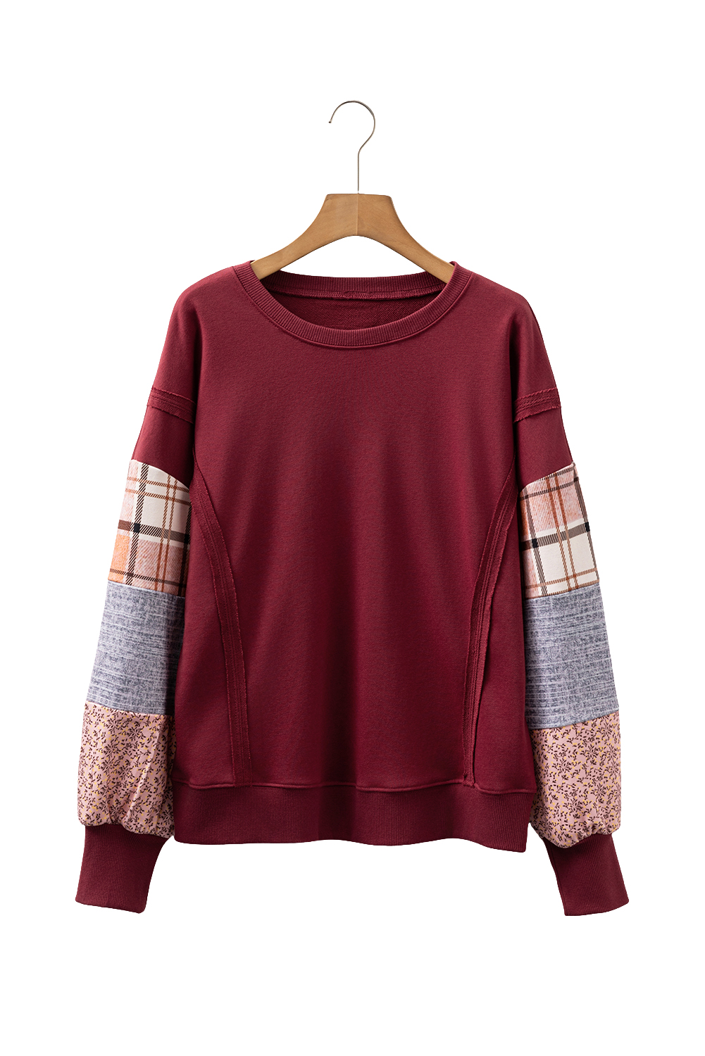 Red Sandalwood Plaid Colorblock Patchwork Sleeve Raw Seam Sweatshirt - Image 17