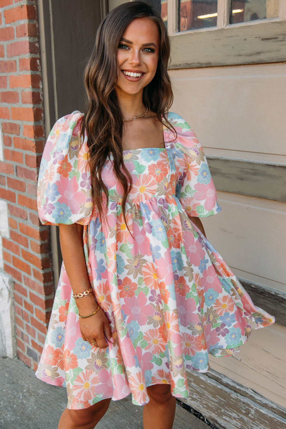 Pink Summer Floral Square Neck Puff Sleeve Babydoll Dress - Image 3