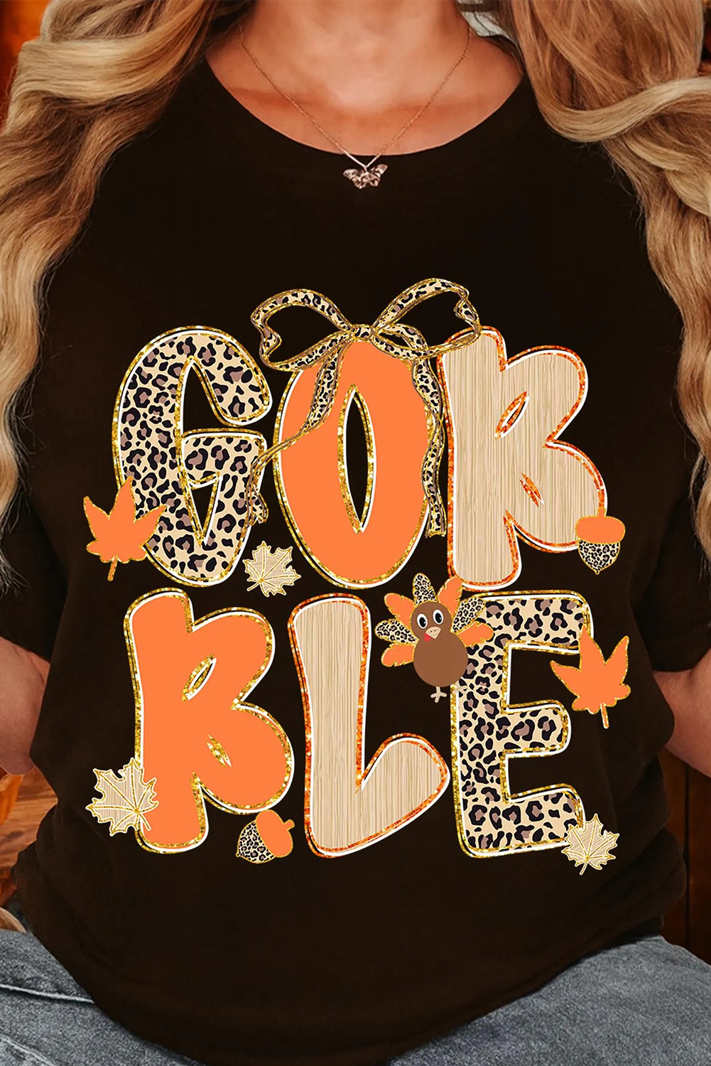 Black GOBBLE Leopard Letter Print Turkey Bow Graphic T Shirt - Image 2