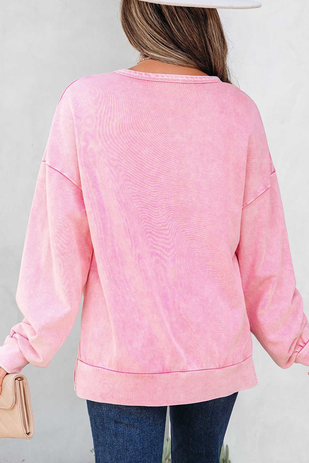 Bright Pink Mineral Wash Big Bow Patchwork Pullover Sweatshirt - Image 2