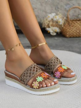 White Floral Print Braided Details Wedge Slippers