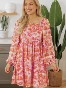 Rose Floral Print Square Neck High Waist Mini Dress