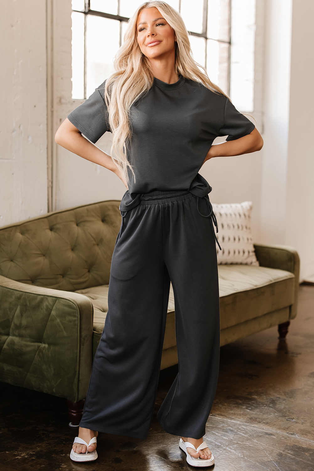 Dark Grey Drawstring Side Crewneck Tee and Loose Pants Set - Image 5
