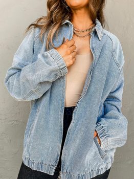 Myosotis Elastic Edge Collared Zip Up Denim Jacket With Pocket