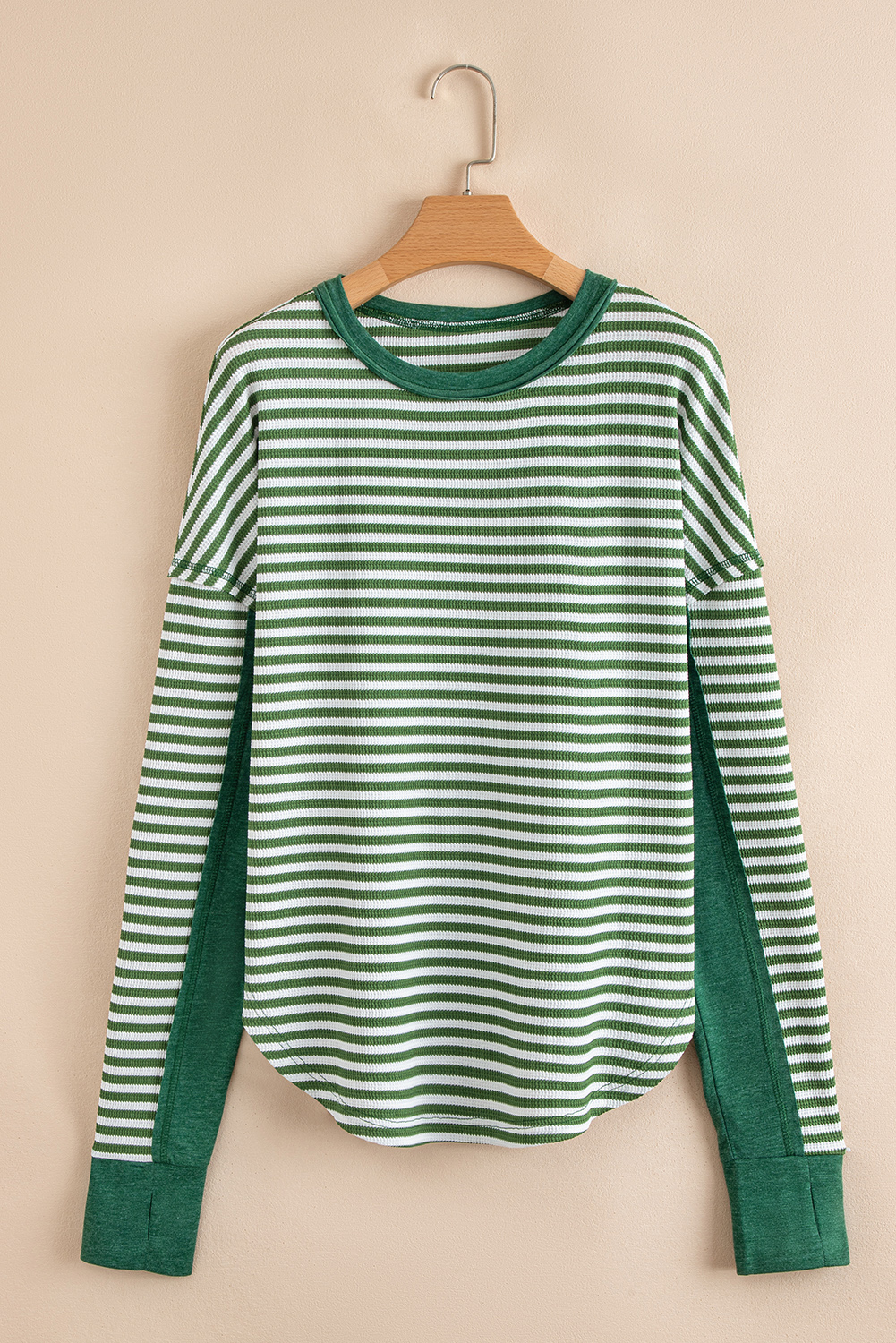 Green Stripe Thermal Knit Drop Shoulder Casual Top - Image 6