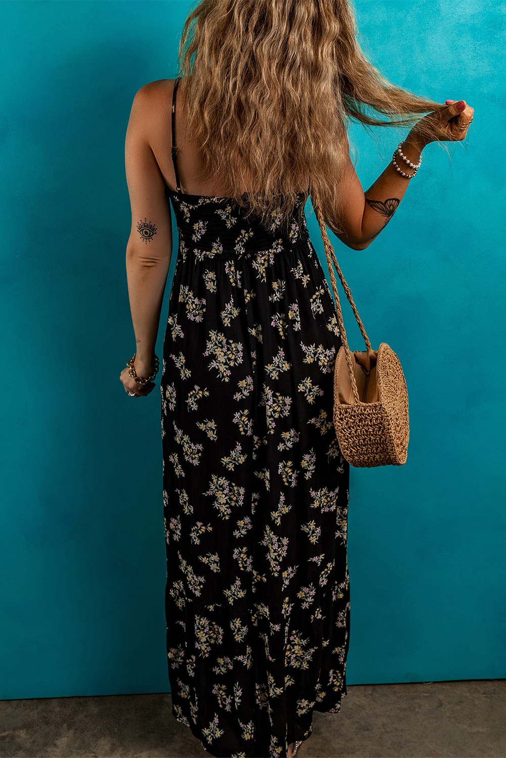 Black Floral Spaghetti Strap Shirred Bodice Tied Empire Waist Maxi Dress - Image 2