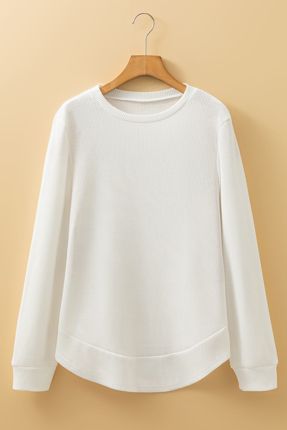 White Rounded Hem Waffle Long Sleeve Top - Image 5