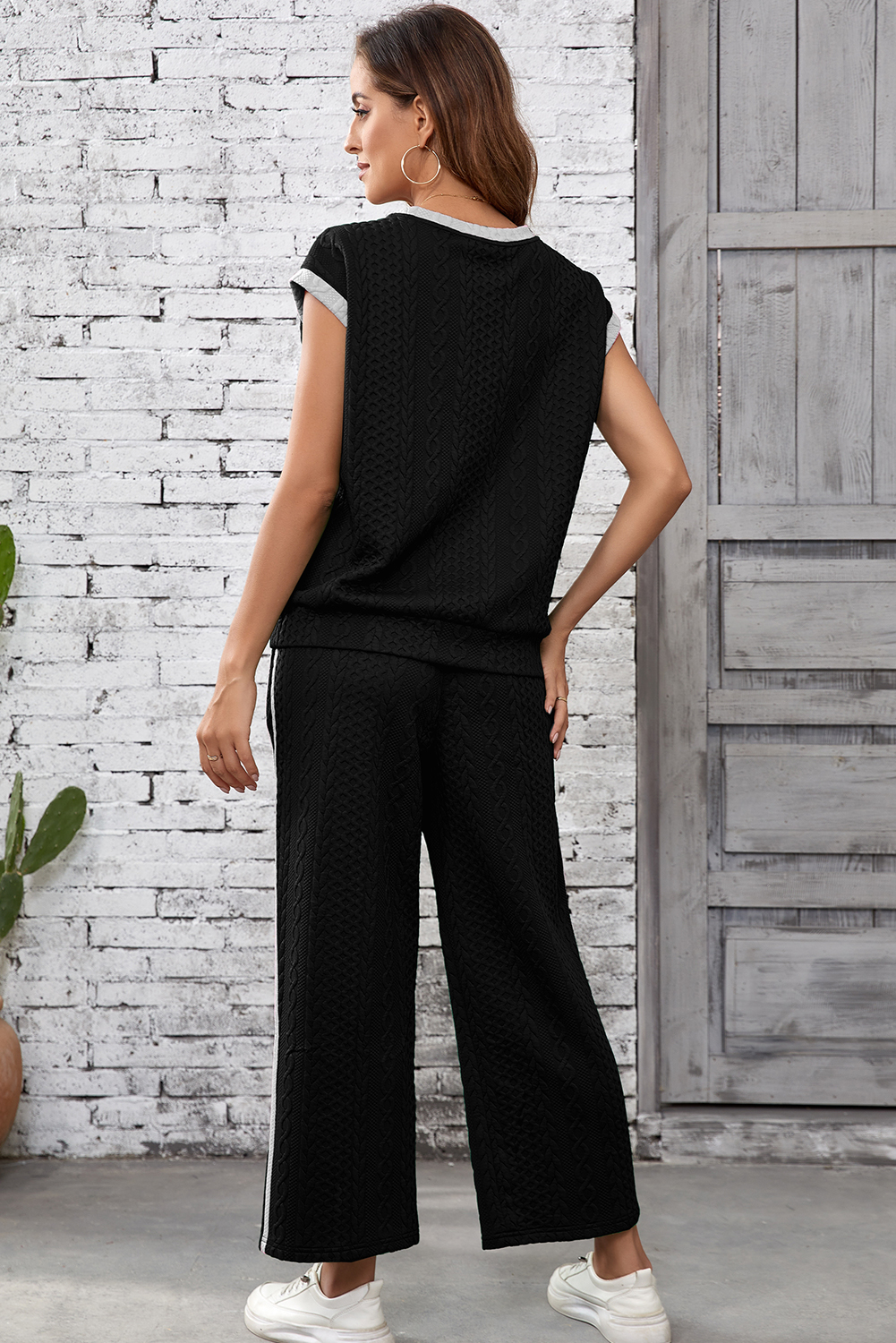 Black Cable Knit Contrast Trim Short Sleeve Top and Pants Set - Image 2