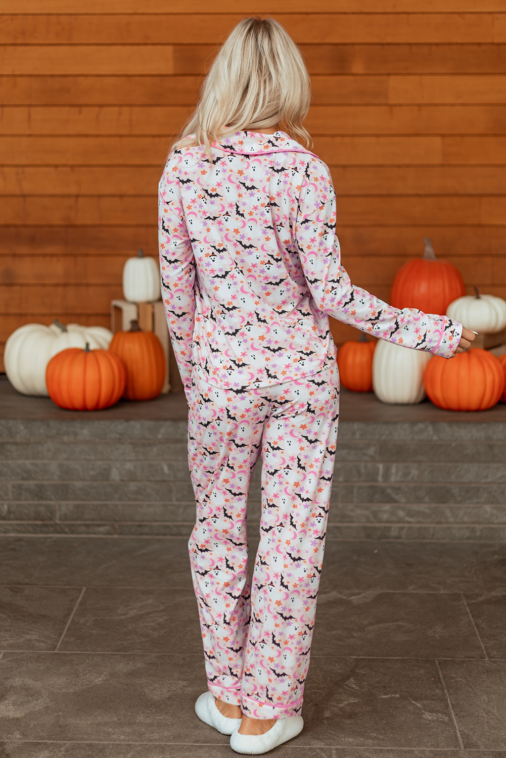Pink Halloween Eve Haunted Honey Bat Print Pajama Set - Image 2
