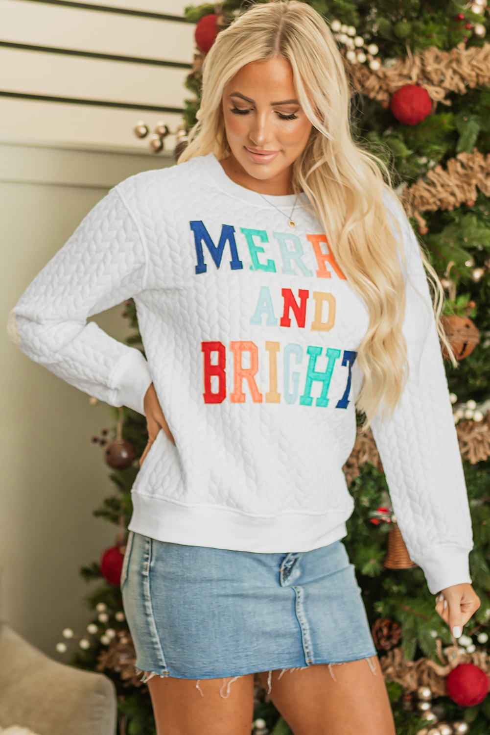 White Merry And Bright Cable Knit Pullover Sweatshirt - Image 7