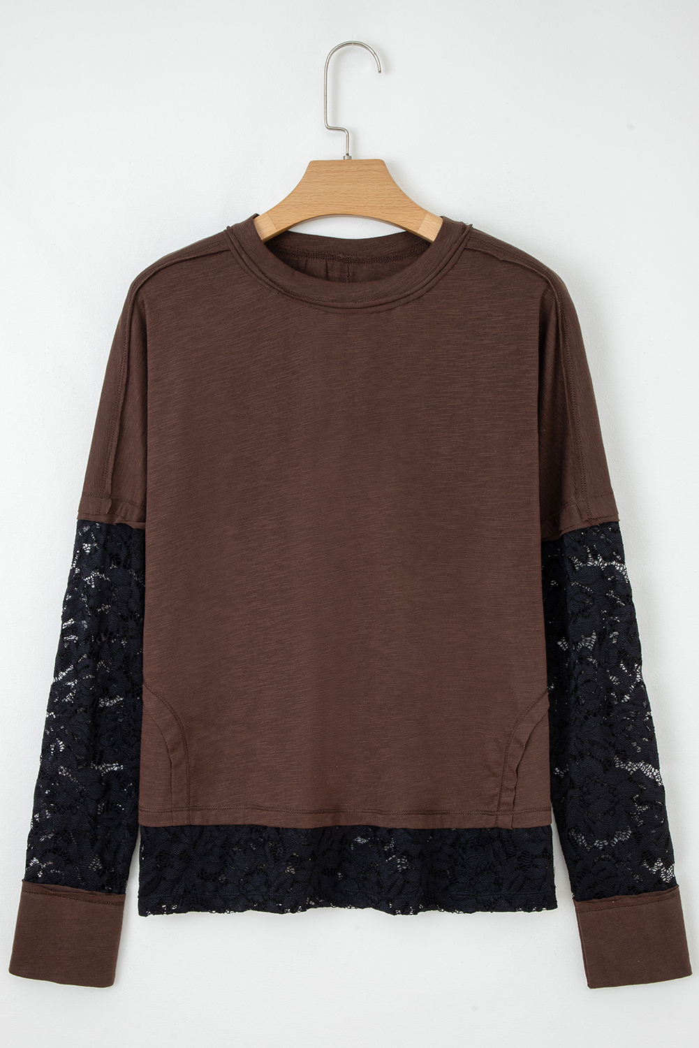 Dark Brown Sheer Lace Patchwork Casual Long Sleeve Tee - Image 3