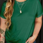 Dark Green Round Neck Rolled Sleeve Plus Size T-shirt