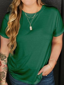 Dark Green Round Neck Rolled Sleeve Plus Size T-shirt