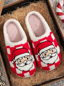 Fiery Red Checkered Santa Claus Graphic Plush Home Slippers