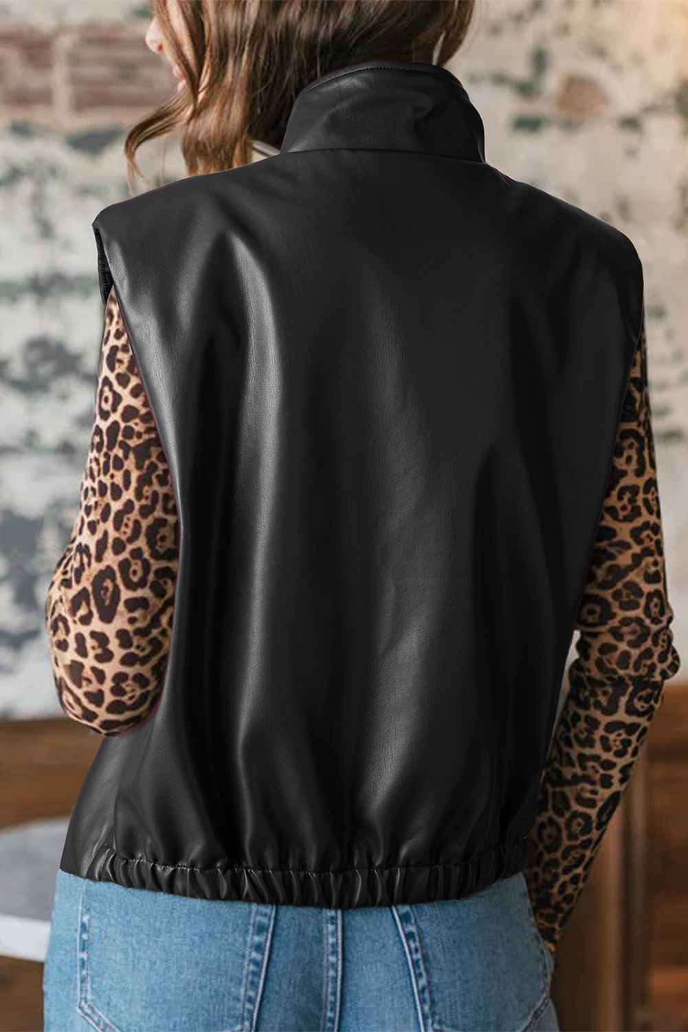 Black Double Flap Pocket Faux Leather Zip Up Stand Neck Vest - Image 2