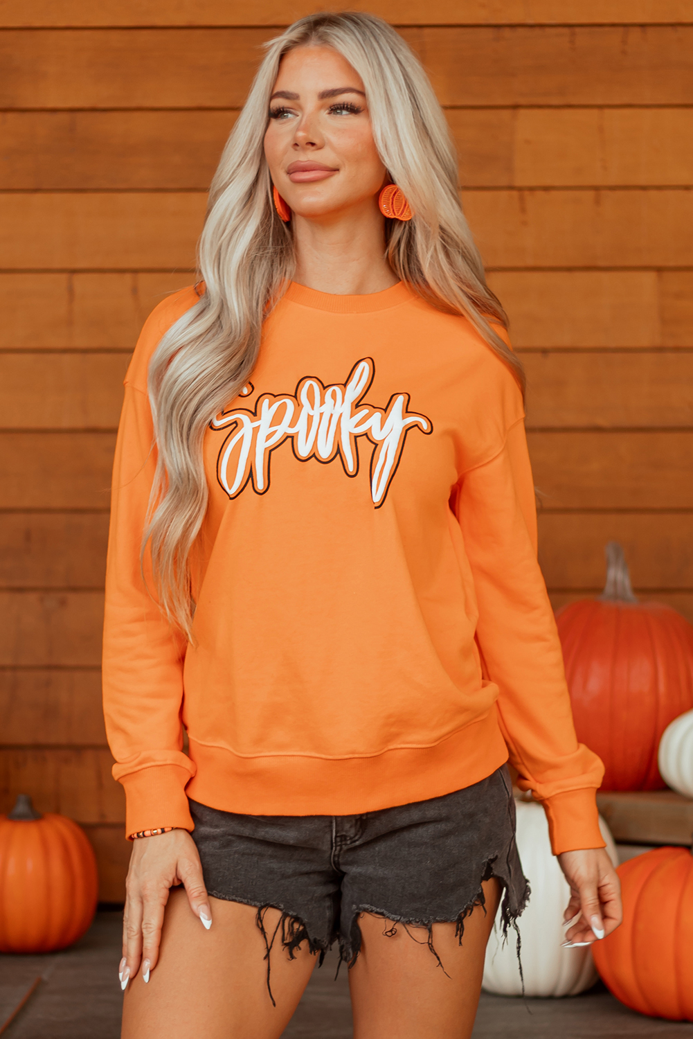 Grapefruit Orange Spooky Graphic Halloween Crew Neck Holiday Sweatshirt - Image 6