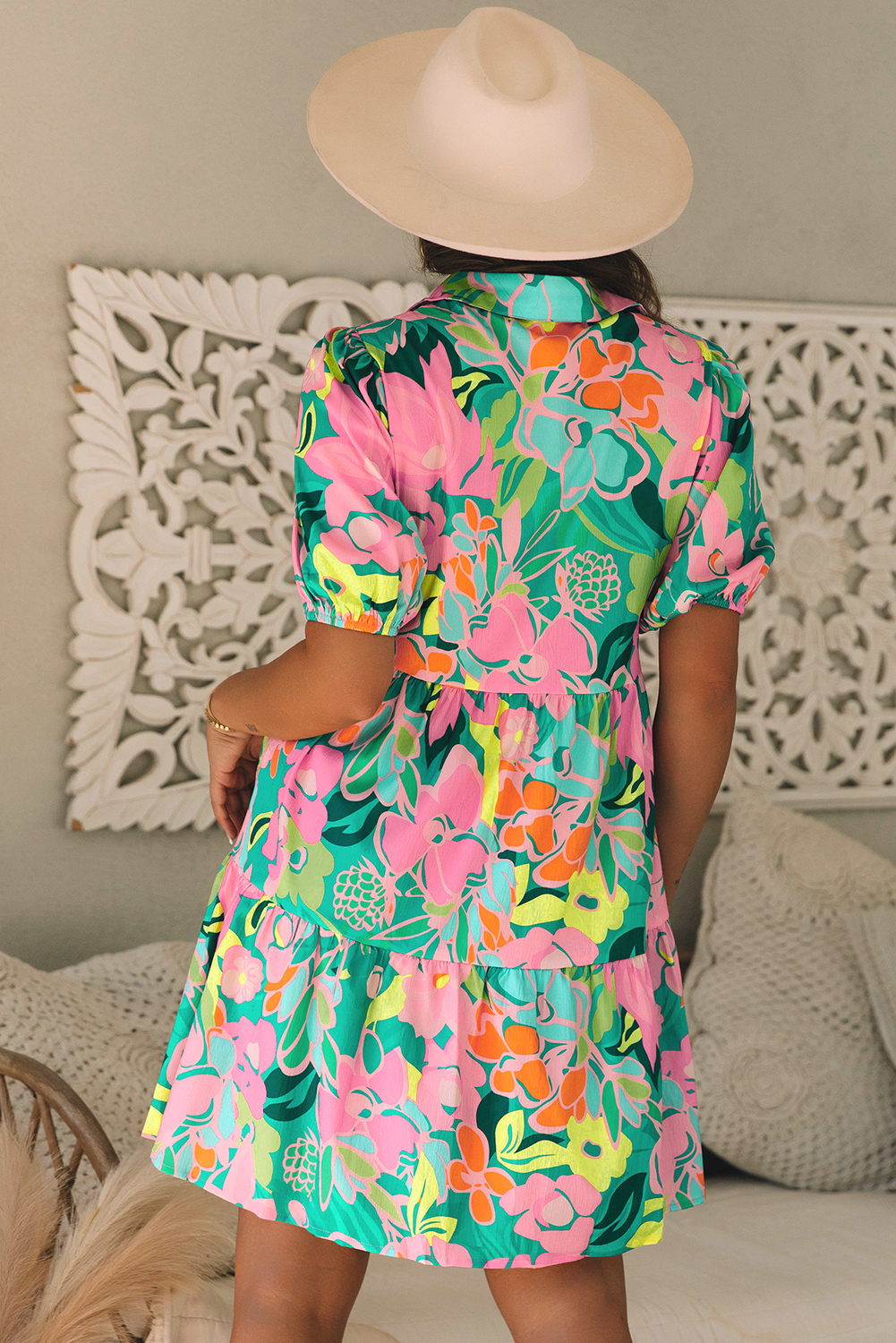 Green Floral Puff Sleeve Collar Buttoned Babydoll Dress - Image 2