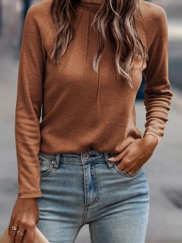 Cinnamon Solid Color Seam Detail Raglan Long Sleeve Top