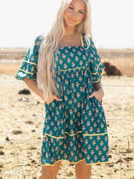 Skobeloff Floral Contrast Trim Square Neck Puff Sleeve Dress