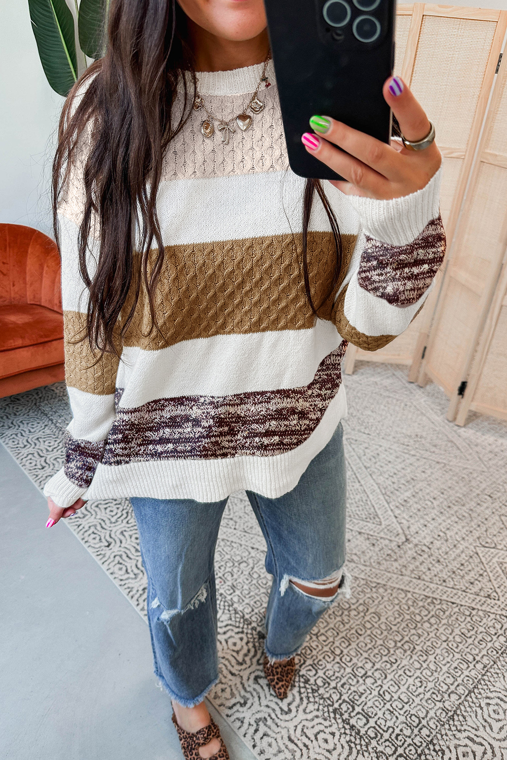 Brown Mixed Texture Knit Striped Color Block Loose Sweater - Image 3