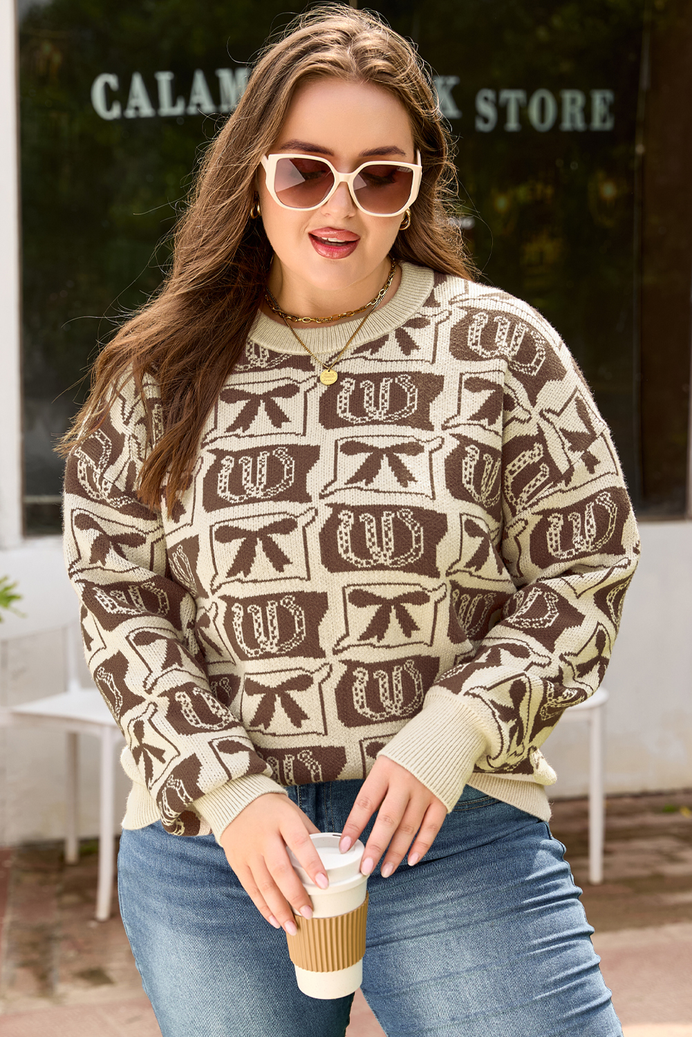 Brown Bow Horseshoe Print Checkered Plus Size Sweater - Image 6