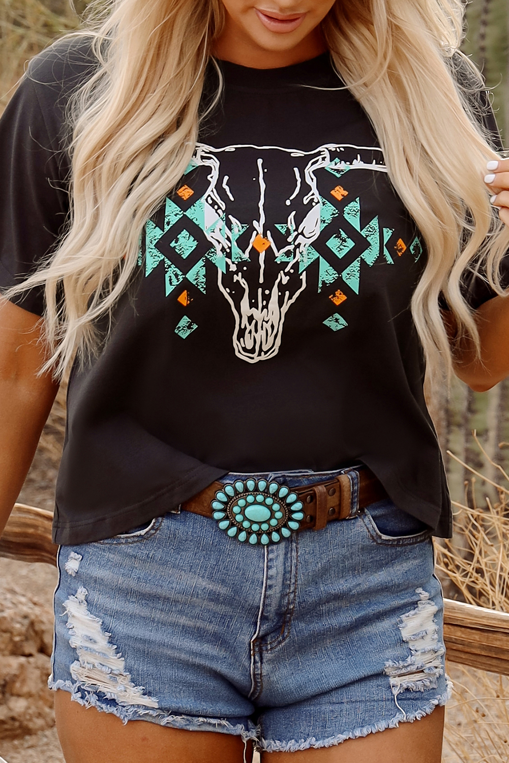 Carbon Grey Vintage Western Bull Head Skull Turquoise Aztec Graphic T Shirt - Image 7