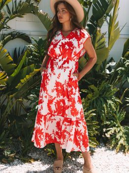 Red Floral Print Trimmed V Neck Ruffle Sleeve Long Dress