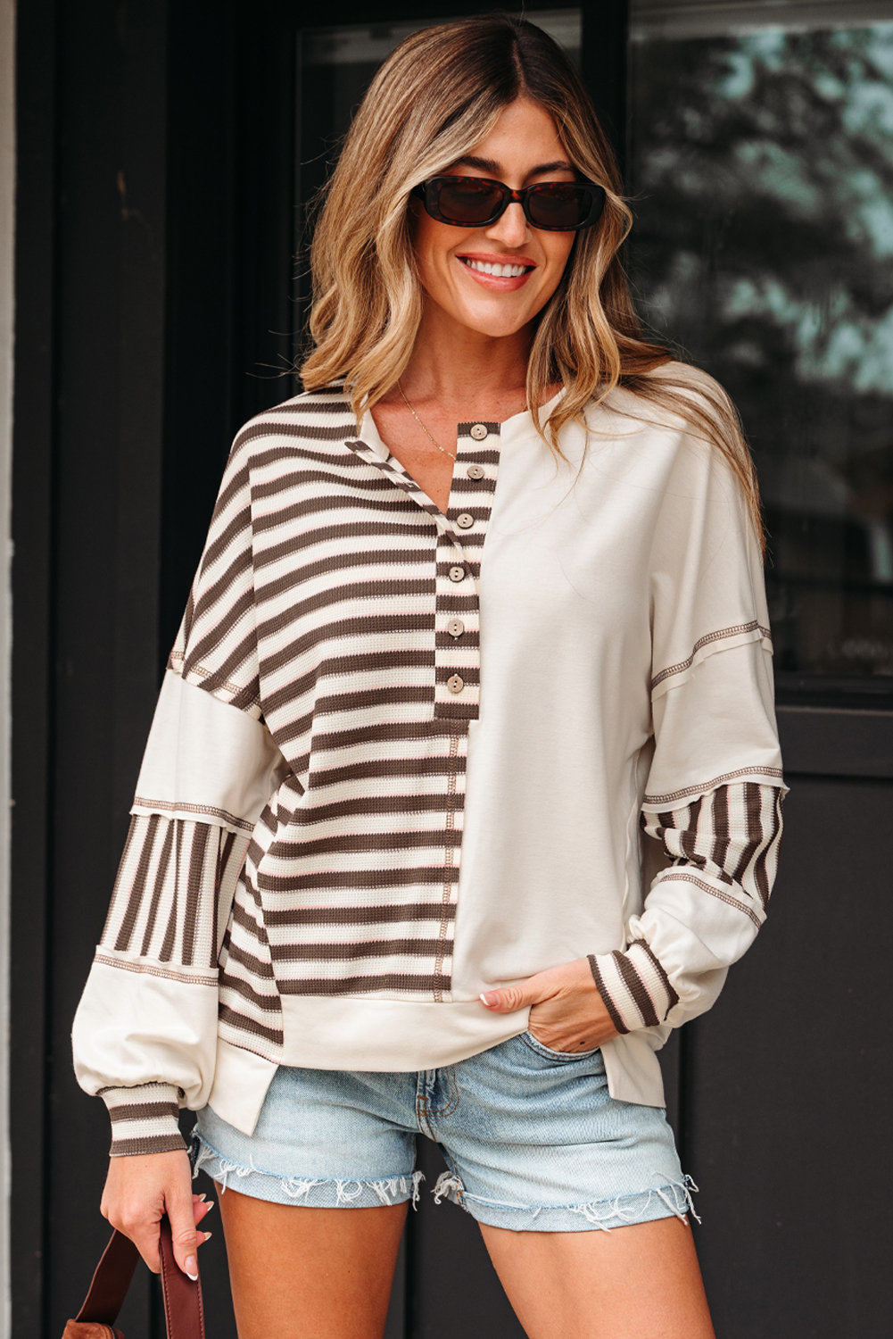 Khaki Stripe Stitched Detail Color Block Patchwork Oversized Pullover Top - Image 5