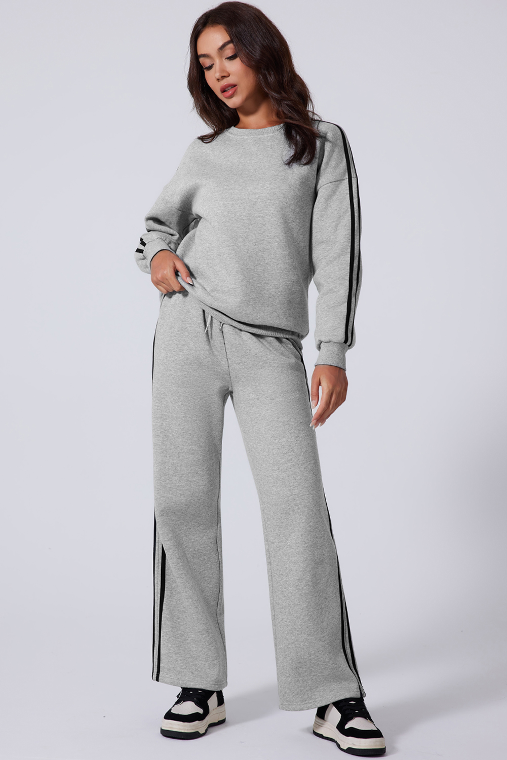 Light Grey Solid Color Side Striped Sweatshirt Active Set - Image 4