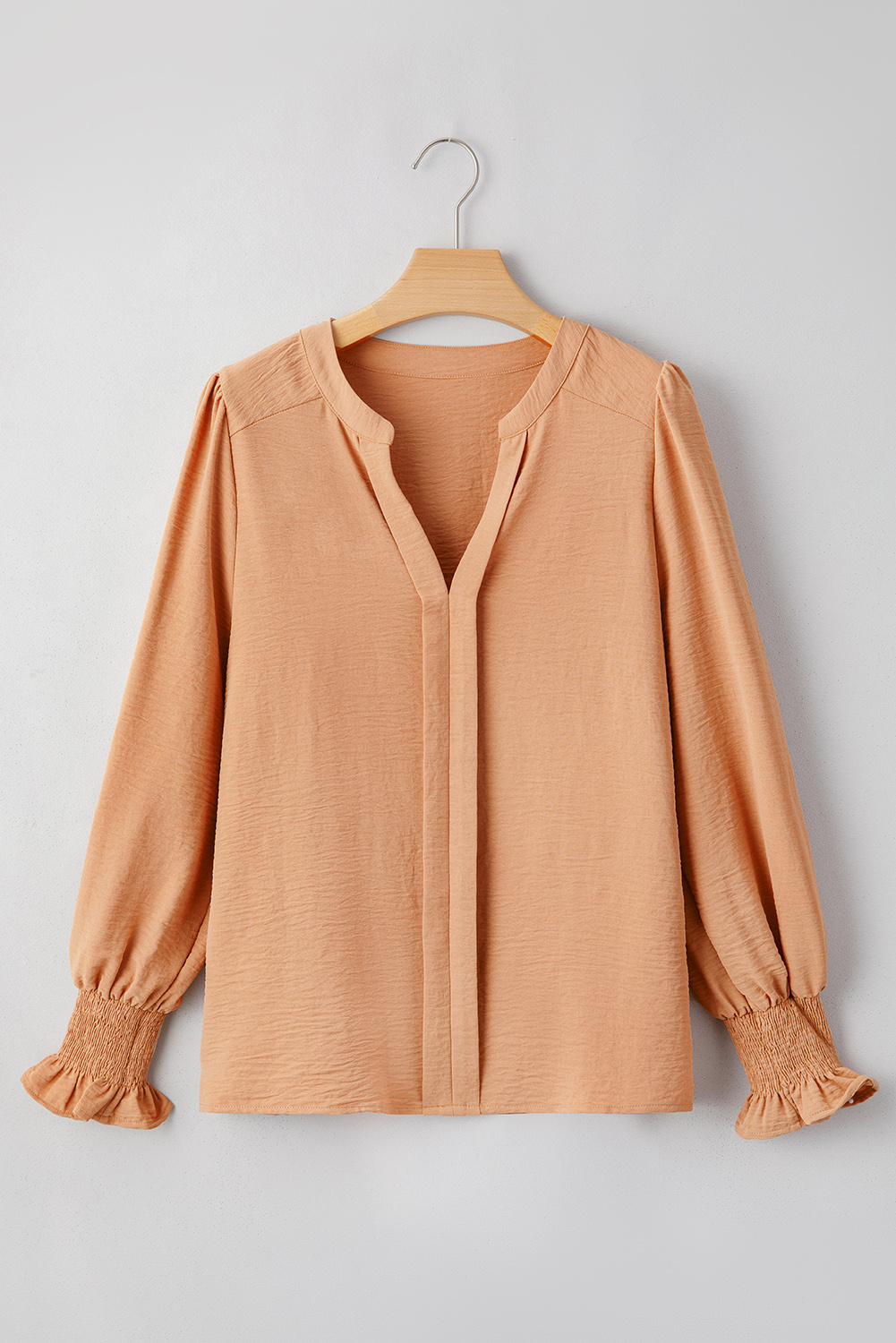 Straw Yellow Solid Color Shirred Cuff Notch V Neck Blouse - Image 8