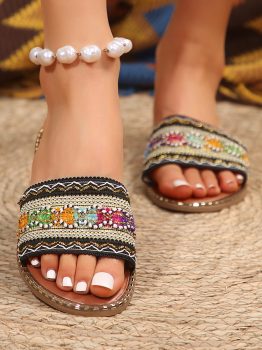Chestnut Bohemian Pattern Crochet Faux Leather Beach Slippers