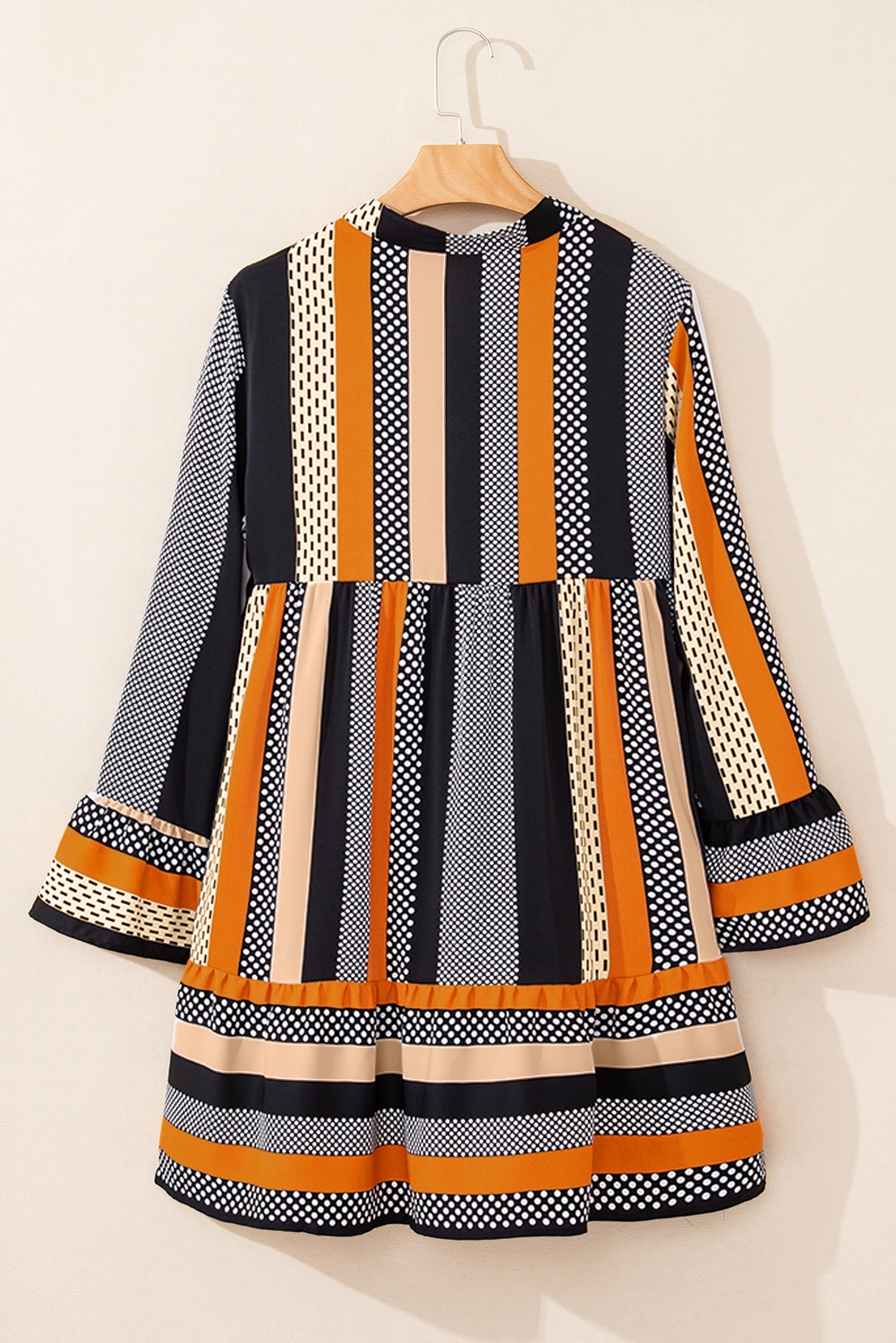 Black Striped Polka Dot Print Ruffled Hem V Neck Mini Dress - Image 8