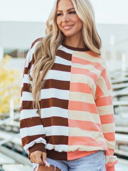 Brown Stripe Color Block Drop Shoulder Pullover Sweatshirt