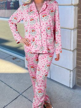 Pink Santa Claus Snowflake Long Sleeve Shirt Christmas Pajama Set