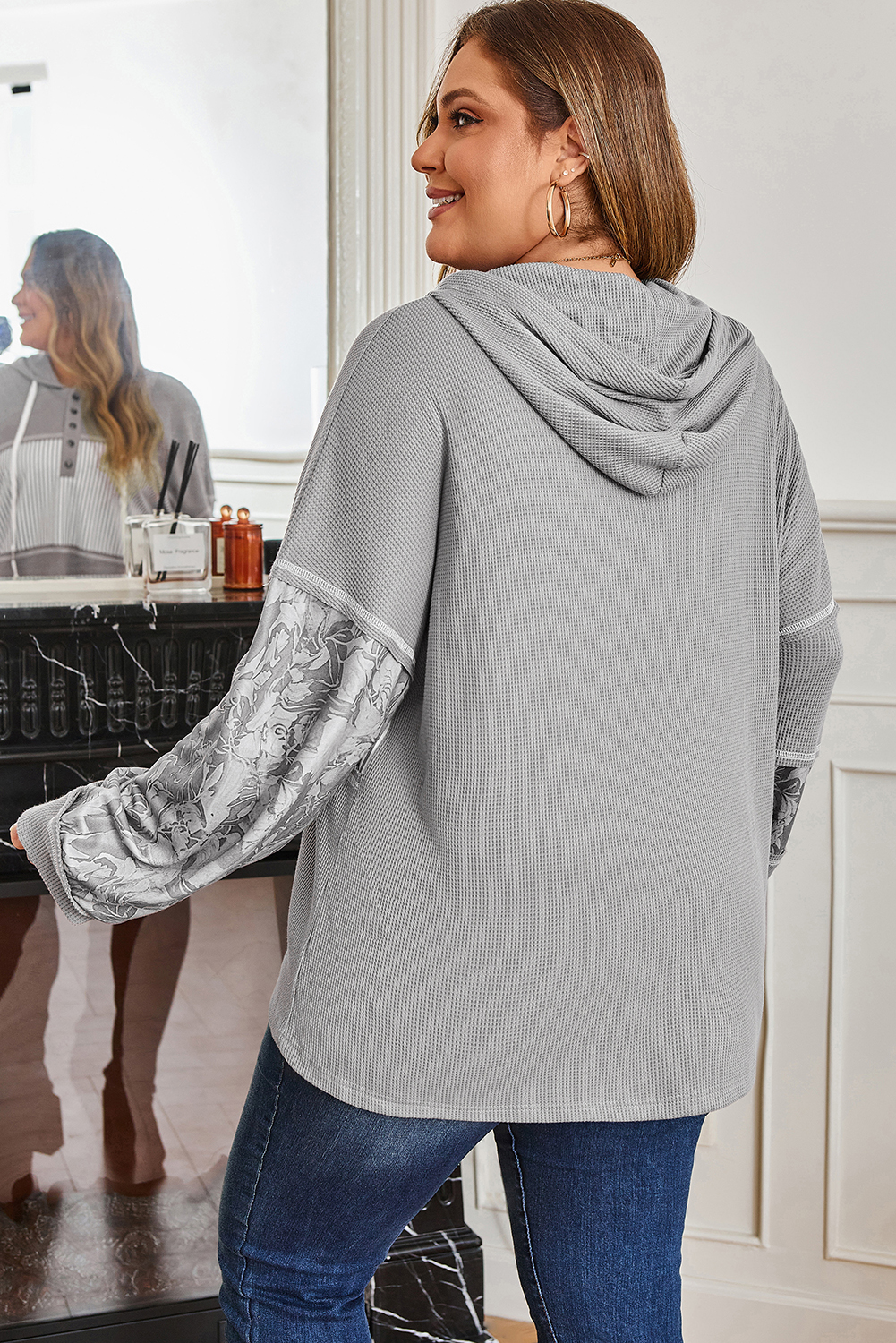 Gray Mixed Pattern Waffle Knit Patchwork Half Buttons Plus Hooded Top - Image 2